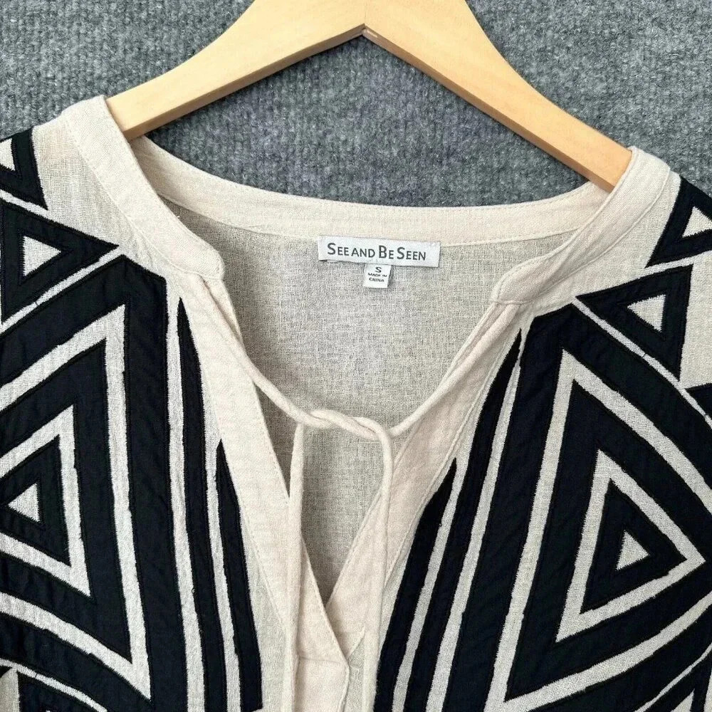 See And Be Seen Top Womens Small Cream Black Gauzy Geometric Peasant Boho Blouse - Picture 7 of 16